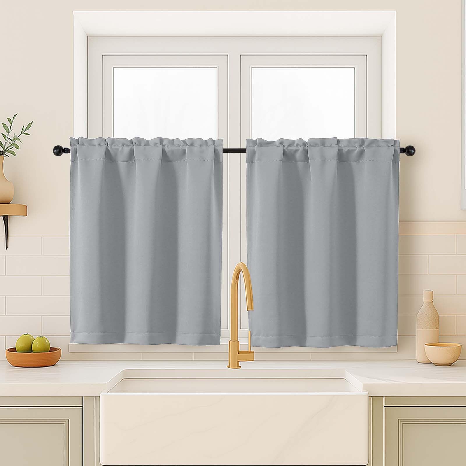 OVZME Silver Grey Blackout Curtains for Small Window Treatment, Light Blocking Short Kitchen Window Curtains Over Sink, Dual Rod Pocket Half Window Tiers for Bathroom Basement, 2x40Wx36L Inches