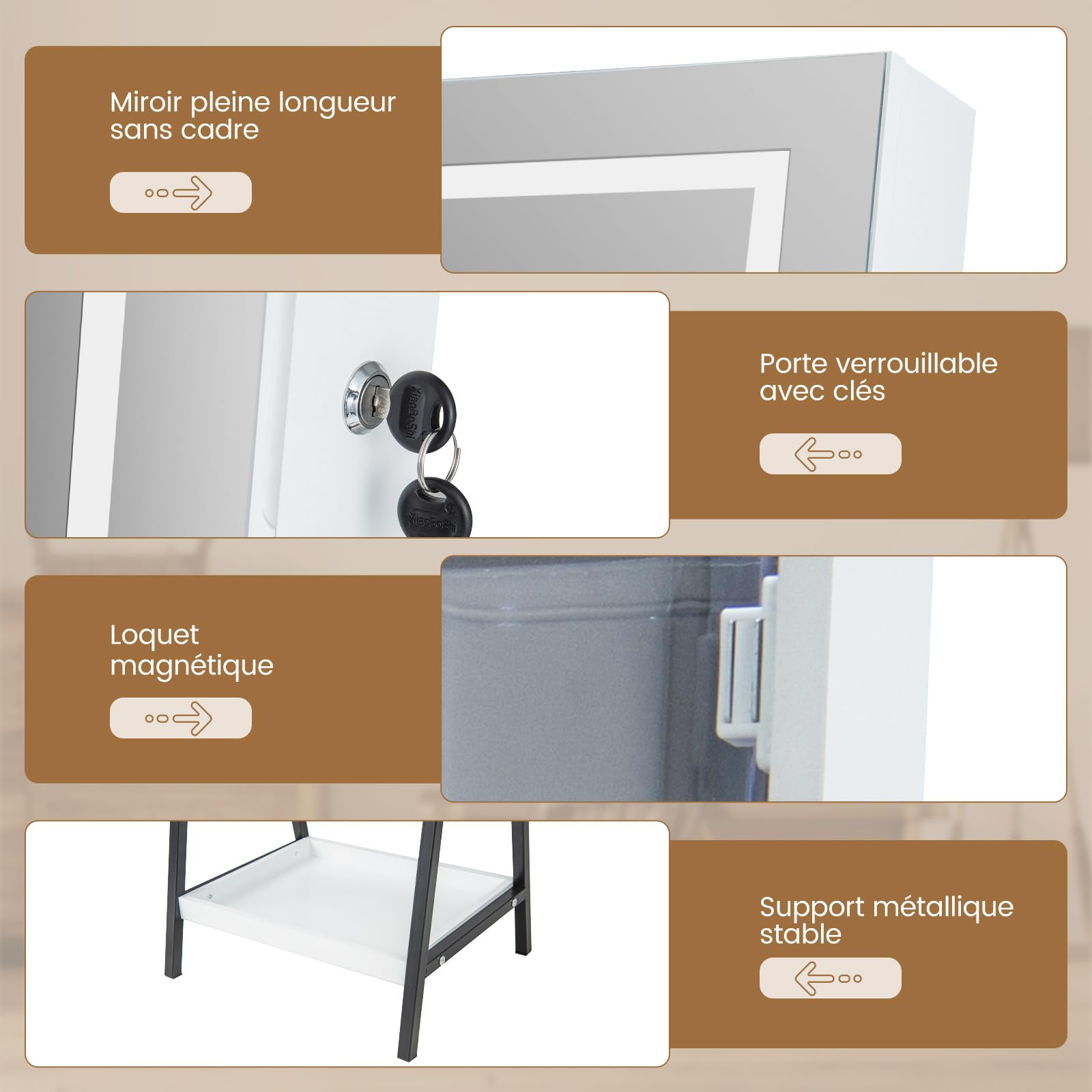 COSTWAY Armoire à Bijoux sur Pied, Miroir Pleine Longueur avec Lumières LED 3 Couleurs, Interrupteur Tactile, Porte Verrouillable(Blanc)