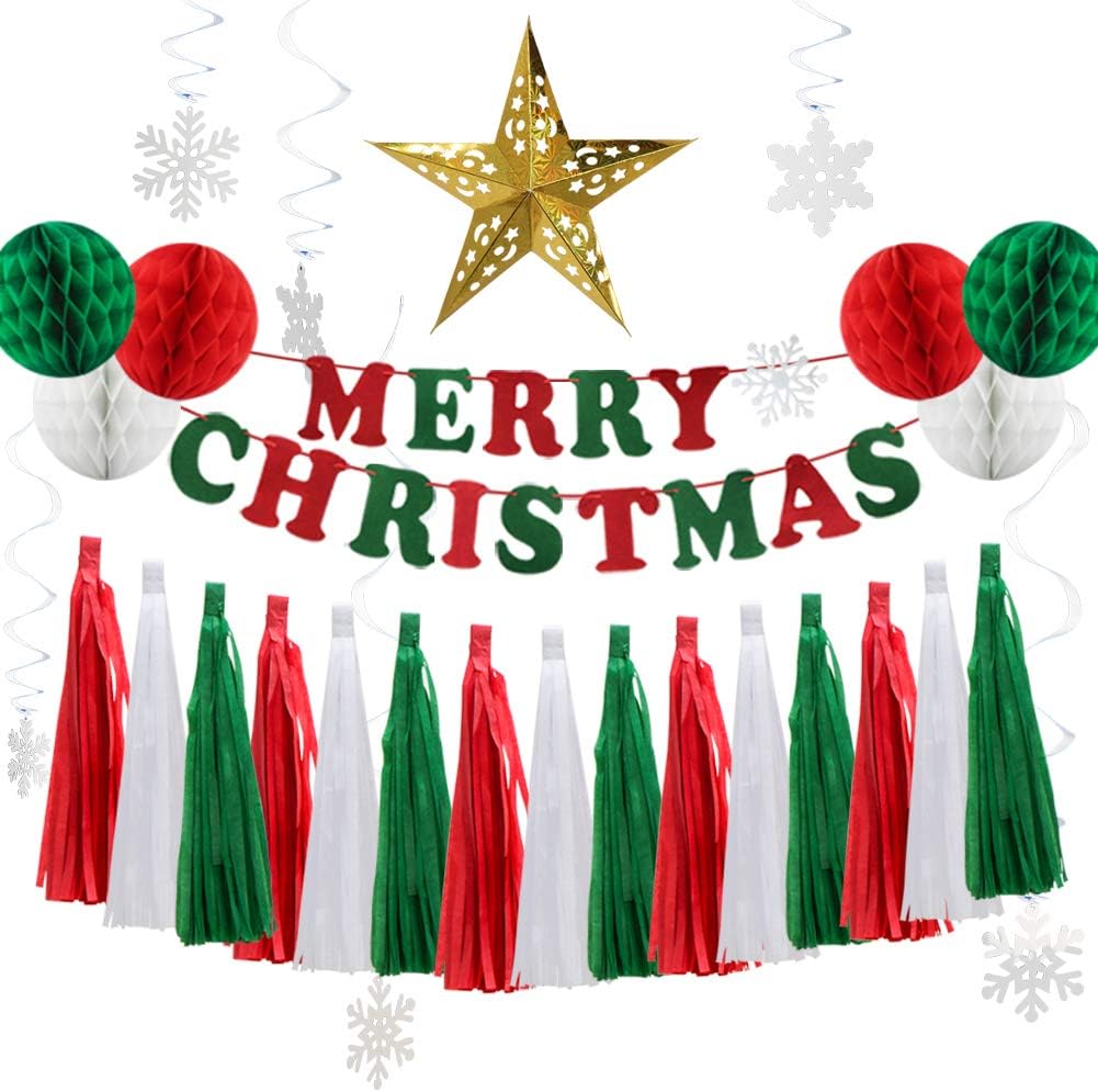 Christmas Party Decorations, Merry Christmas Banner, Hanging Swirls, Hollow Star Lanterns, Paper Fans, Pom Poms Flower Balls, Paper Lanterns for Birthday Wedding Xmas New Years Eve Party Supplies: Health & Personal Care