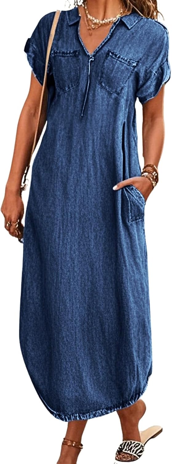 CHOUYATOU Women's Summer Notch Neck Short Sleeve Denim Dress Business Casual Jean Tunic Shirt Dress