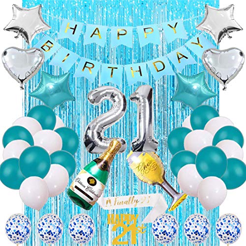 21st Birthday Decorations|21st Birthday Decorations for her|21st Birthday Decorations Blue and Silver with Photo Booth Backdrop, Happy Birthday Banner, Confetti and Mylar Balloons
