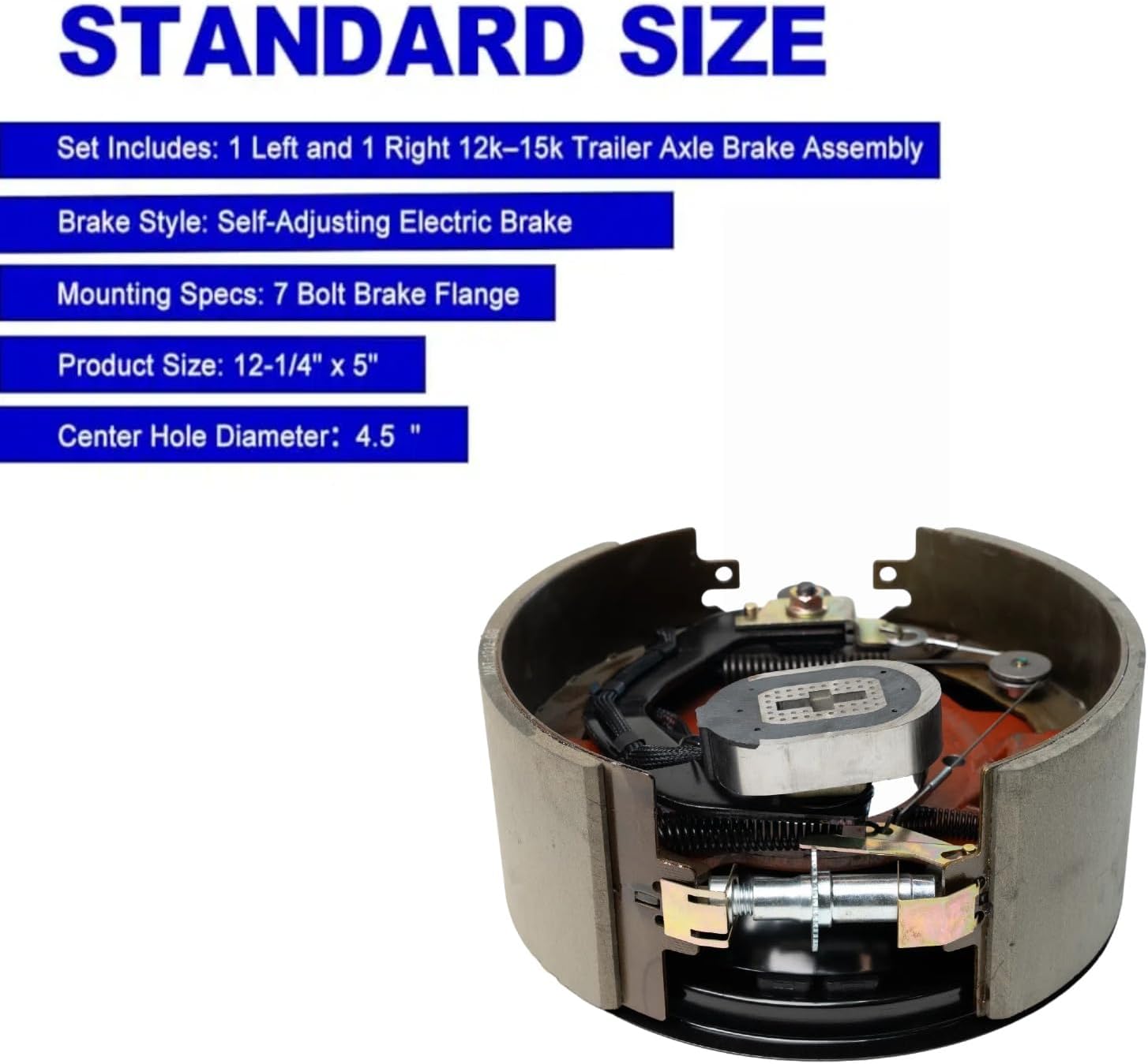 12-1/4" x 5" Self-Adjusting Electric Trailer Brake Assembly Kit – Left & Right – Fits 12,000–15,000 lb Axles – Heavy-Duty Trailer Brakes for Dexter, Lippert, and More