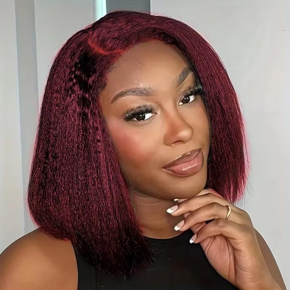 99J Burgundy Kinky Straight Human Hair Wigs Bob Wig Brazilian Remy Hair Short Yaki 13x4 HD Transparent Lace Front Wig Pre Plucked 150% Density with Baby Hair Natural Hairline 8inch
