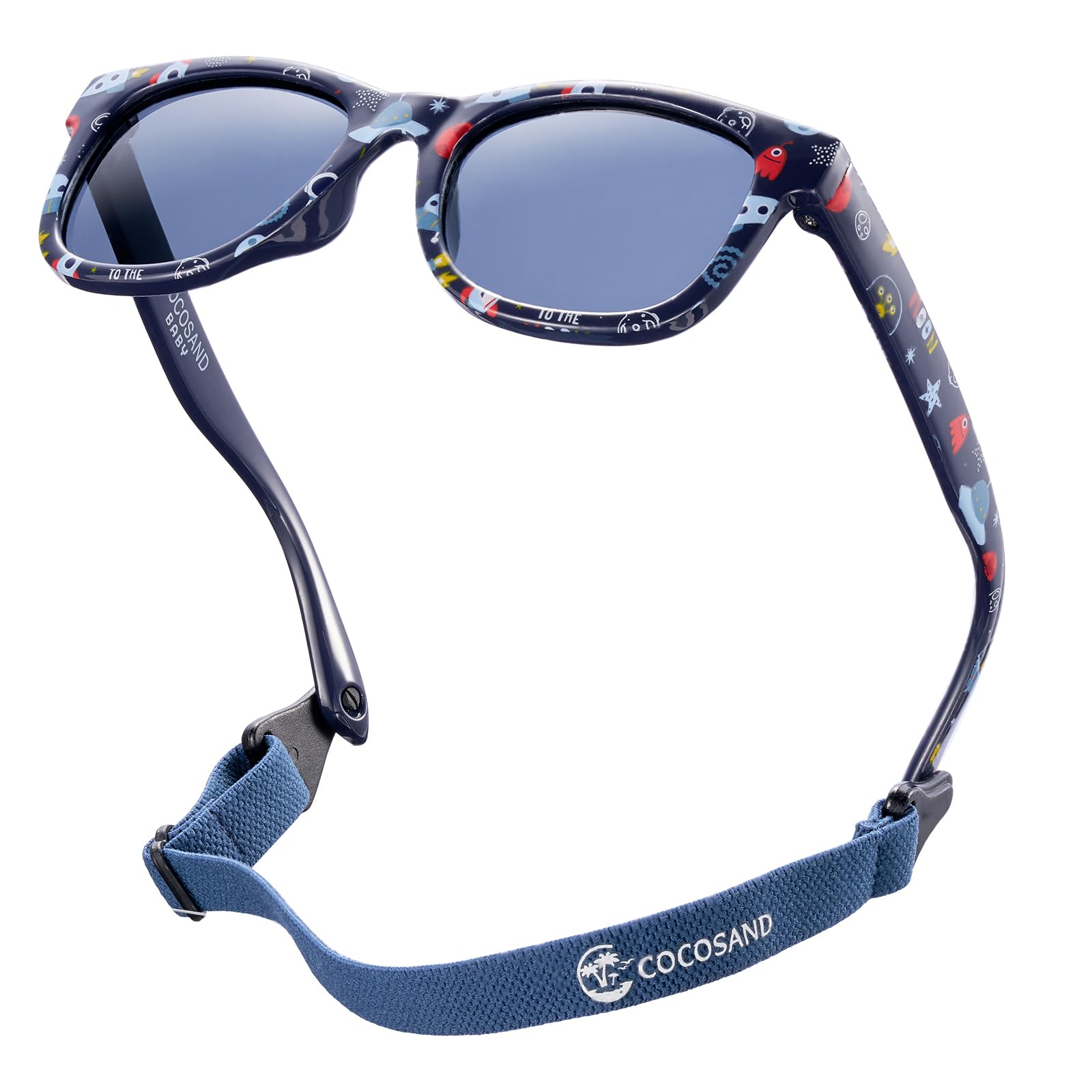 Flexible Polarized Baby Sunglasses with Strap | UV Protection, Bendable, For Toddler Infant Newborn Girl Boy, Age 0-24 Months TPE Blue With Space Print
