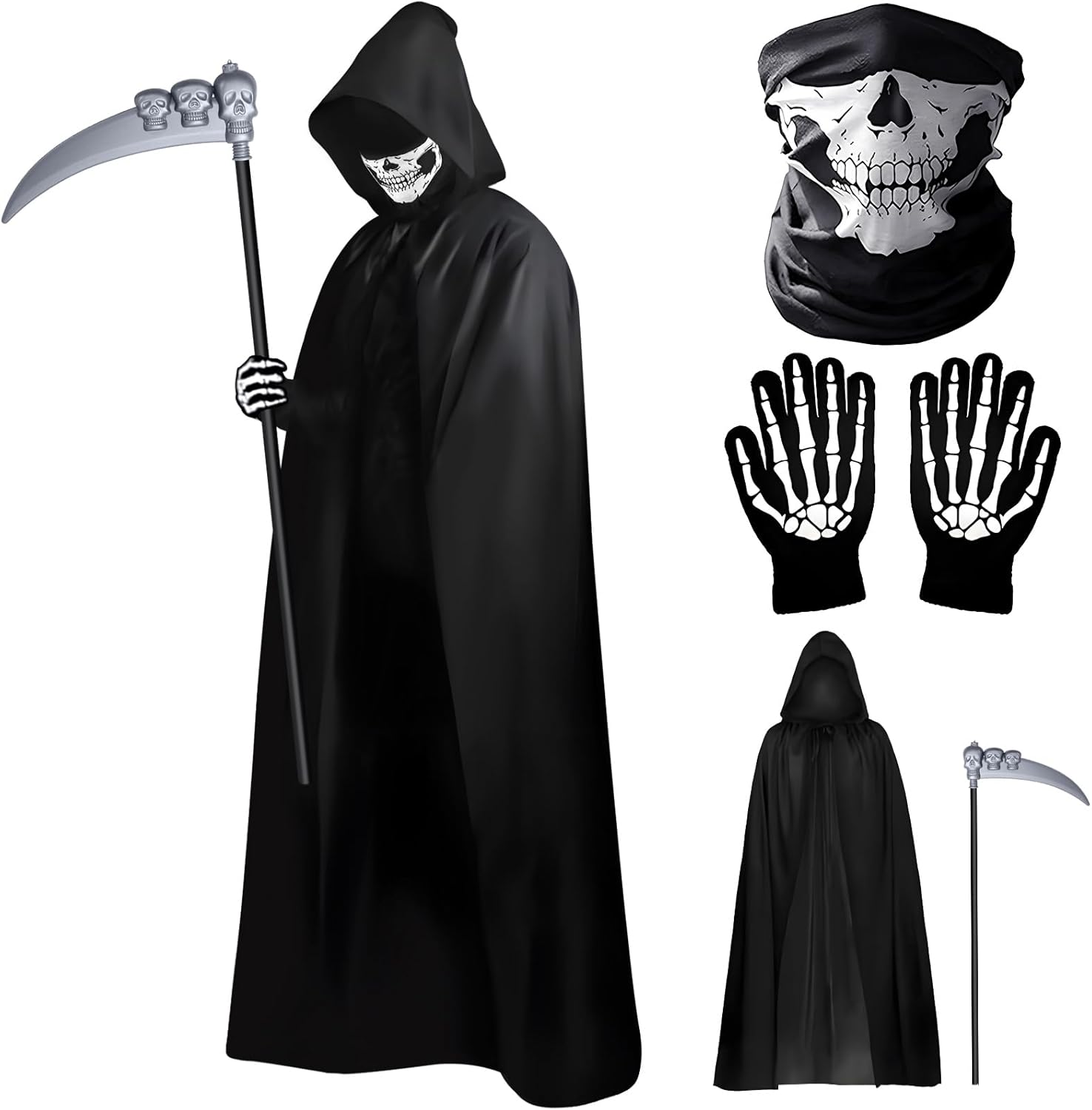 cosplay clothing 4-piece set, ghost death scepter, horror robe costume, black hooded cloak, death gloves,festival gift, horror costume in the same size