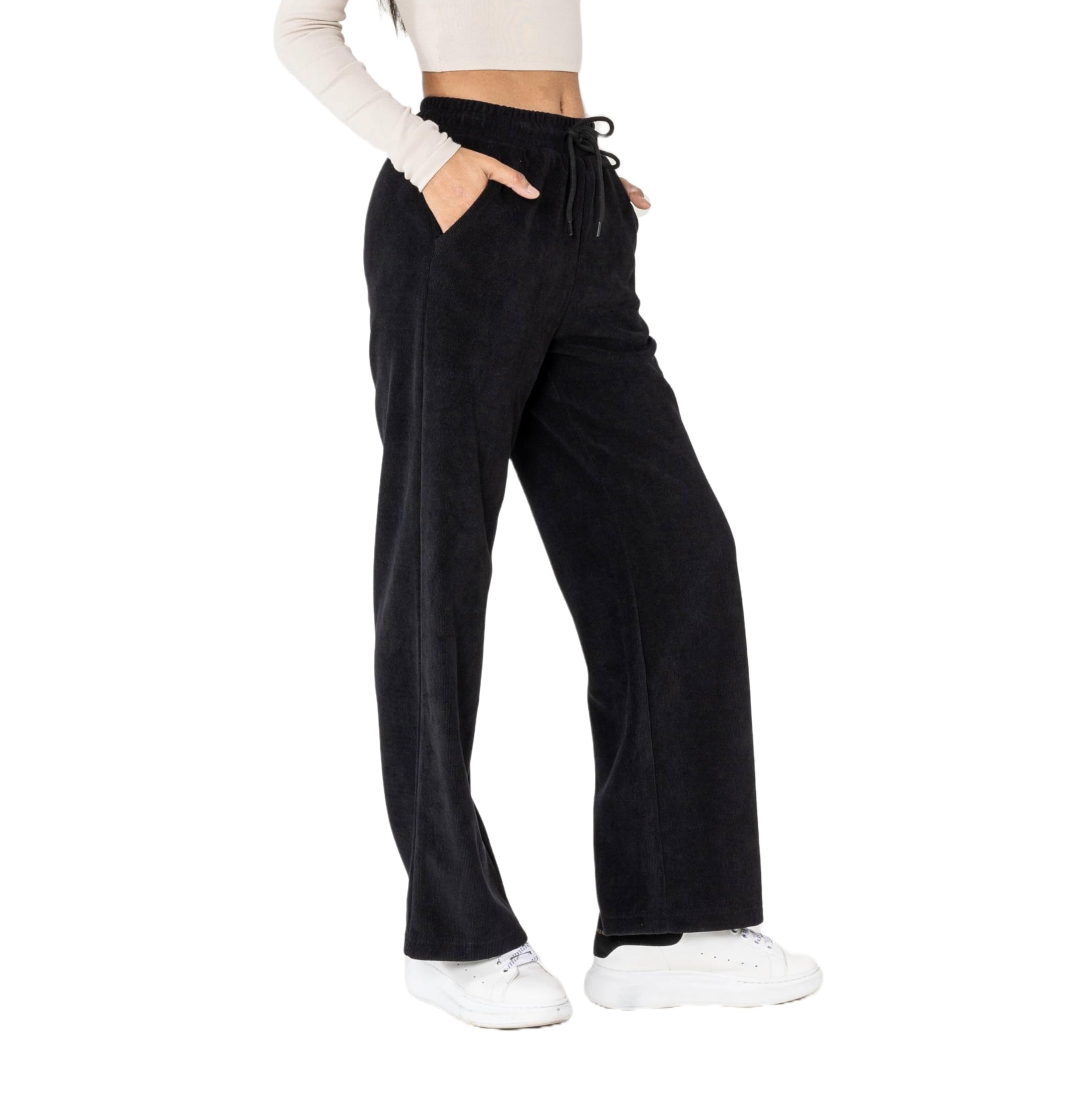 Nina Carter J253 Damen Freizeithose – Samtige Jogginghose Relaxed Fit Cordoptik Hose mit Elastischer Taillenbund und Weites Bein