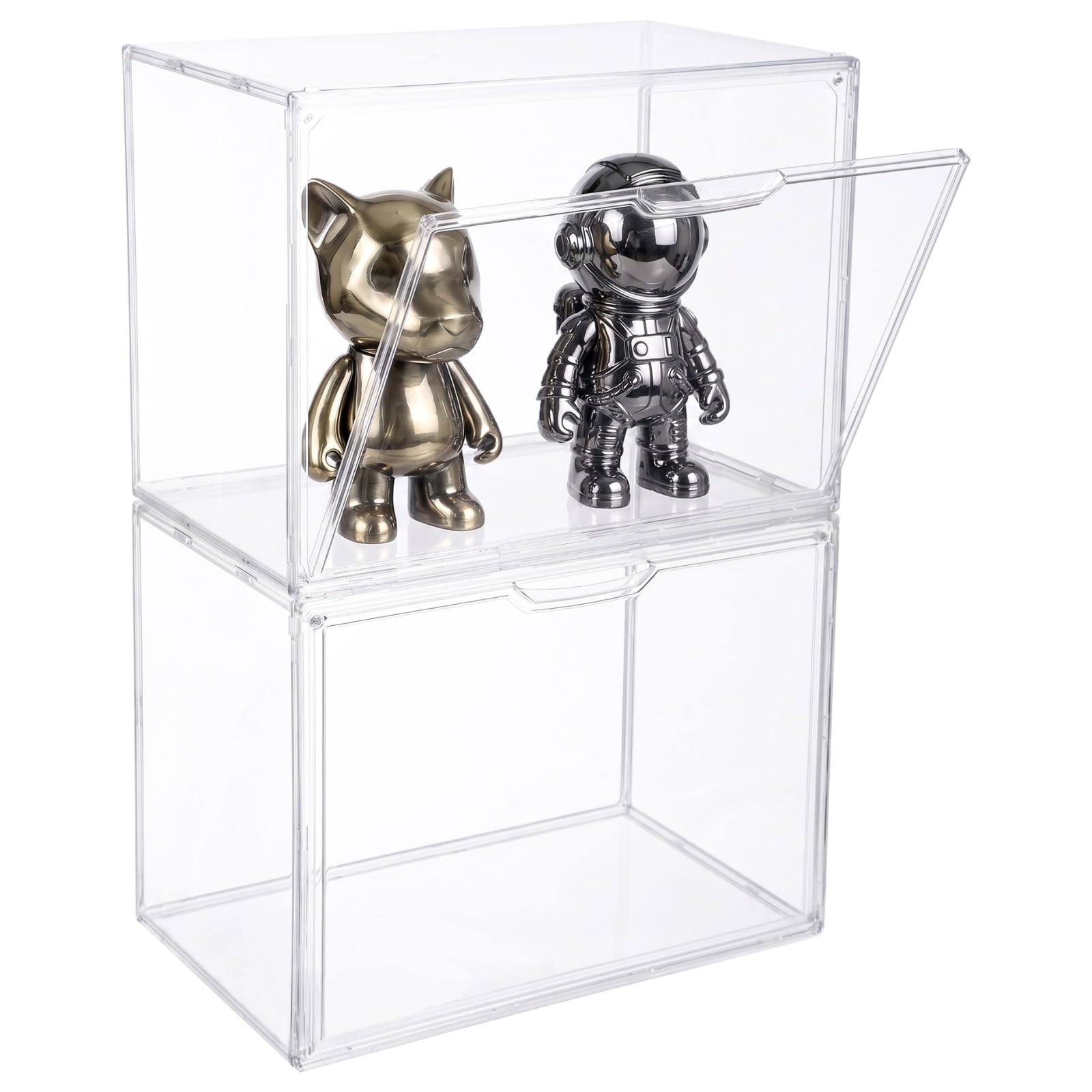 Lot de 2 présentoirs empilables en acrylique transparent avec porte d'entrée en métal - Bacs de rangement transparents à collectionner - Prend en charge l'affichage horizontal ou vertical