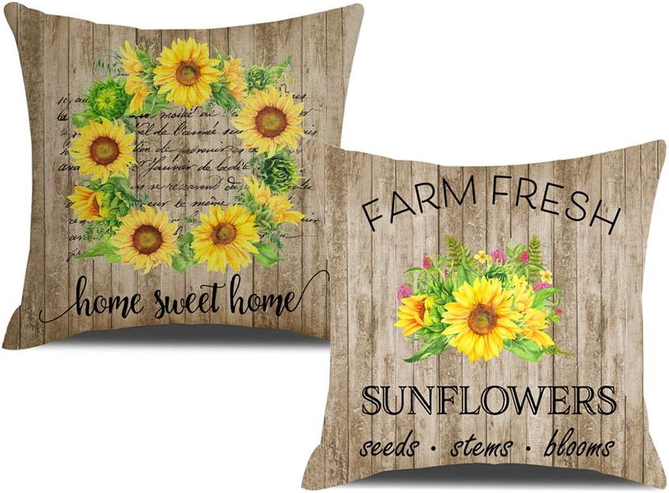 KACOPOL Summer Decorations Sunflower Pillow Covers Farmhouse Decor Throw Pillow Case Outdoor Cushion Cover 18" x 18" Home Sweet Home & Farm Sweet Farm Set of 2 (Farmhouse Quotes)