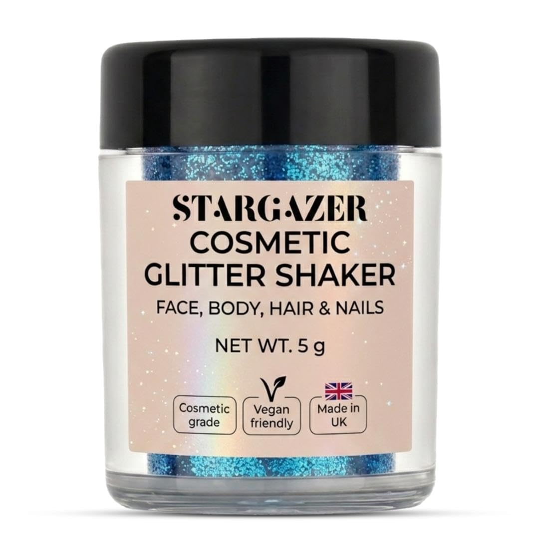 Stargazer Blue Glitter Shaker, Cosmetic Glitter Powder For Use On The Eyes, Lips, Face, Body, Hair And Nails.