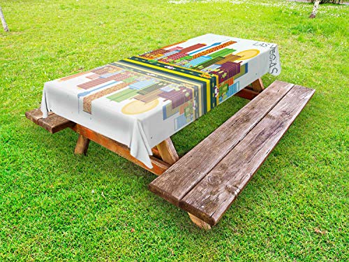 Ambesonne Las Vegas Outdoor Tablecloth Cartoonish Skyline of Nevada City in The Afternoon Modern Buildings Architecture
