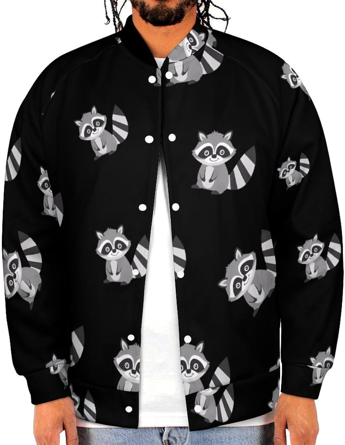 Cute Raccoon Novelty Men's Baseball Jackets Causal Sweatshirt Button Top Long Sleeve Coat