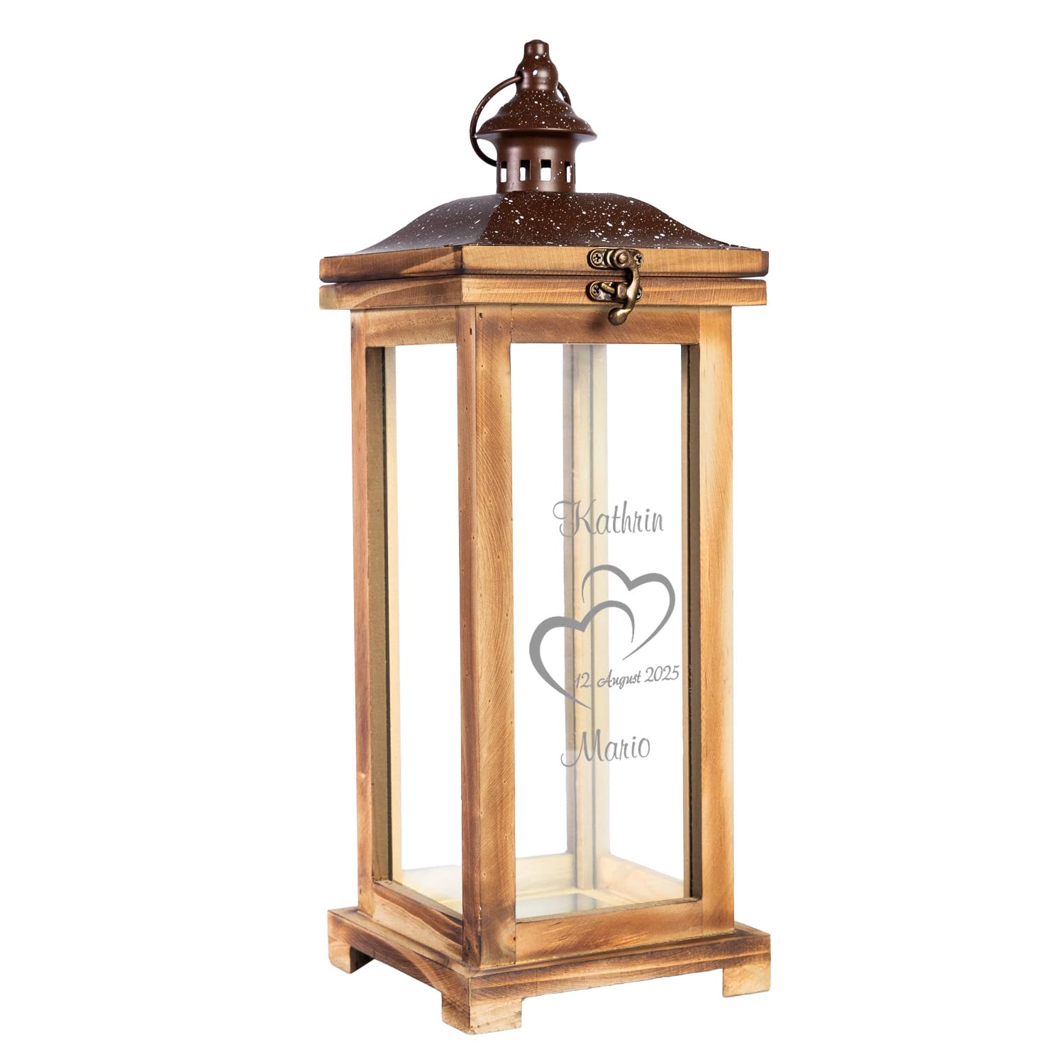 Personalisierte Landhaus Laterne | XL Holzlaterne 42 cm groß | Geschenk zum Hochzeitstag Hochzeitsgeschenk | Geschenkidee Hochzeitstag Mann Frau Großeltern | Gartendeko Gartenlaterne | Herzen - Datum