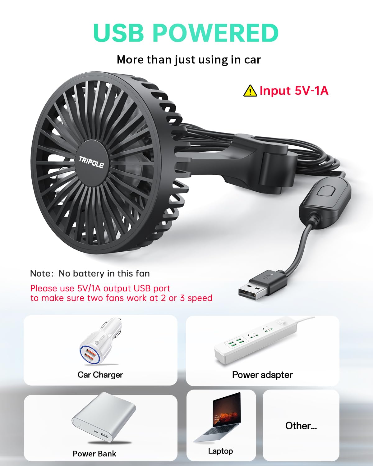 Ventilador de coche para asiento trasero alimentado por USB, potente ventilador de 3 velocidades de 5 V con clip ajustable para vehículos, SUV, RV 4