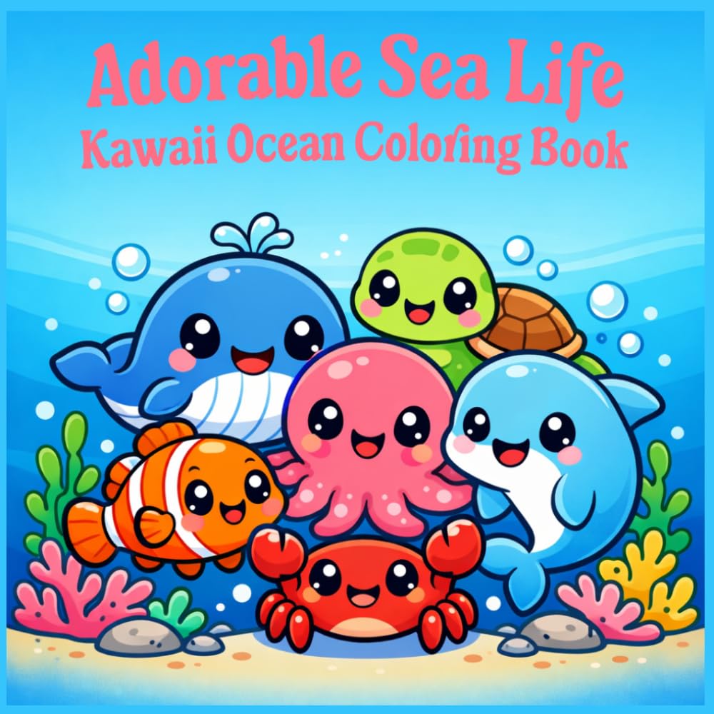 Adorable Sea Life Kawaii Ocean Coloring book: 50 Cute & Relaxing Underwater Animal Designs for Stress Relief and Creativity