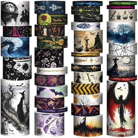 MPOPUUL Washi Tape Set 37 Rolls - Witches Theme Colored Decorative Adhesive Tape for Journaling, Vintage Artists Tape for Junk Journaling Supplies, Scrapbooking, DIY Crafts, Gift Wrapping, Planner Cover