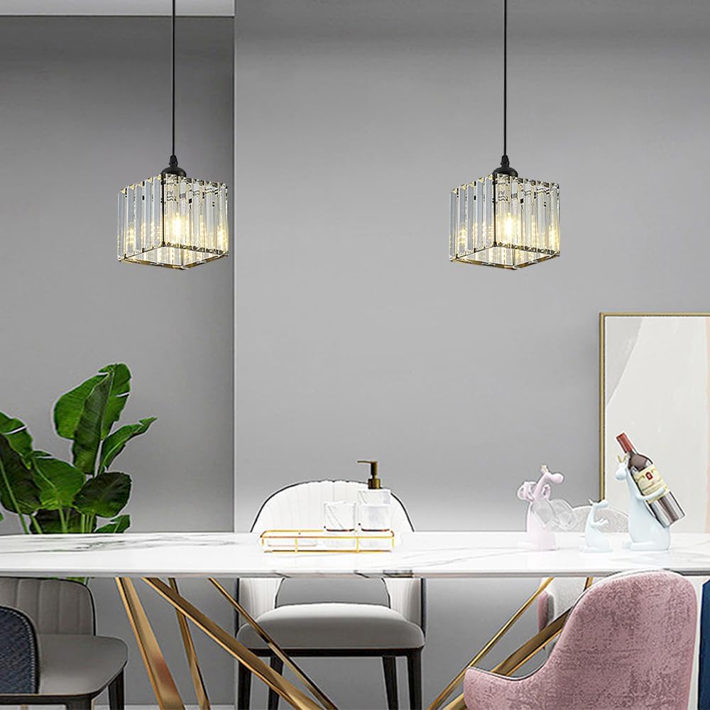 Crystal Light Modern Nordic Lighting Crystal Hanging Chaner Height Adjustable Light Fixtures for Kitchen Island Dinning Room Bedroom (1 Pack) (Black Square)/Black/Square