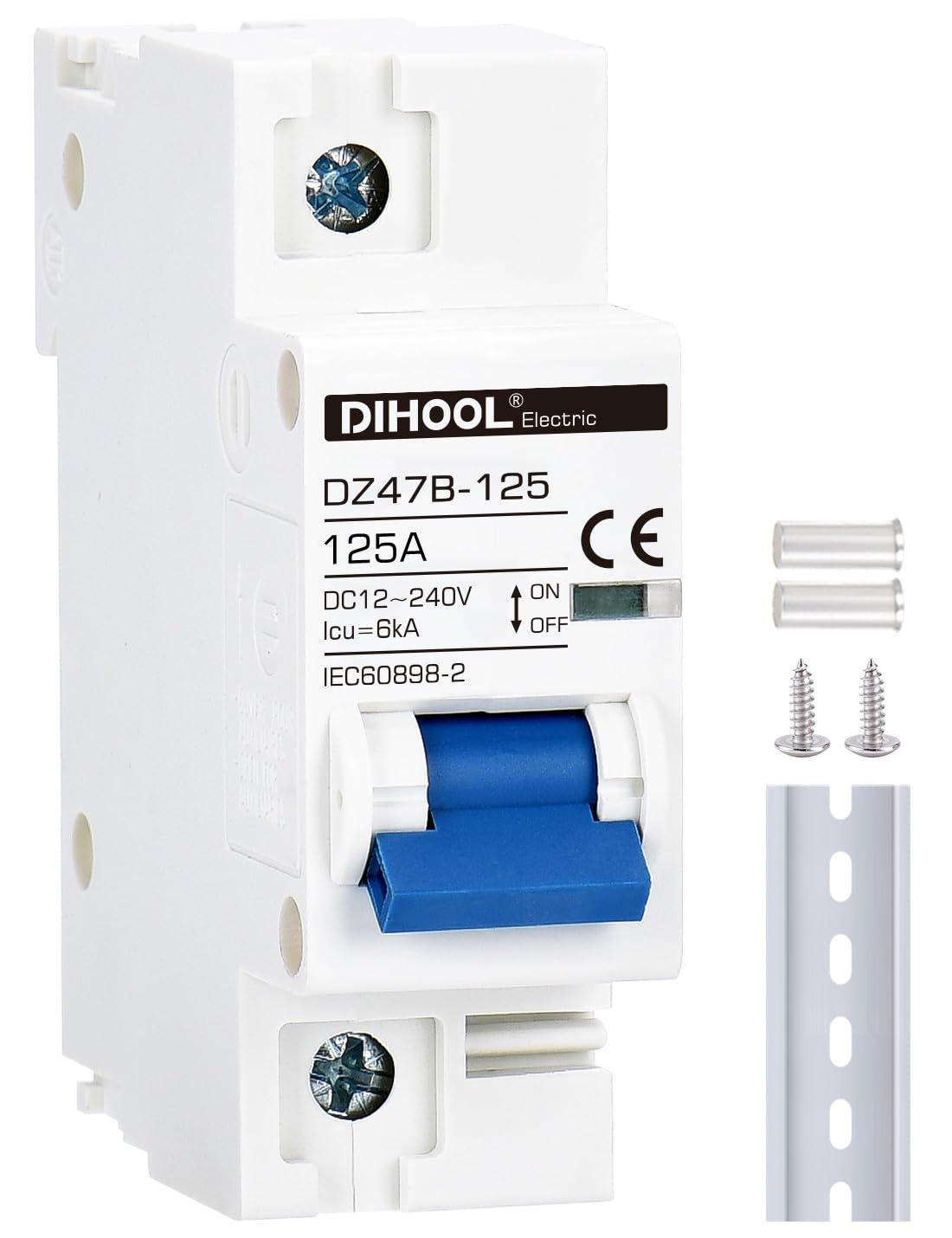 DC Circuit Breaker dz47 1P 125Amp 12V 24V 36V 48V DC MCB Short Circuit Protection Disconnect Switch Isolator for Solar Panel Battery UPS Inverter Photovoltaic PV System