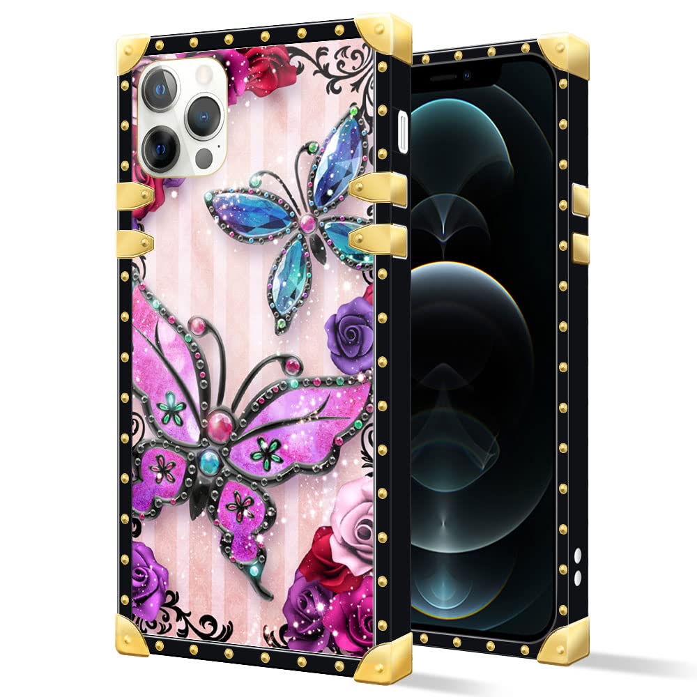 DAIZAG Compatible with iPhone 13 Pro Max Case,Butterfly and Flowers Metal Decoration Soft TPU Shockproof Anti-Scratch Protective Cover for iPhone 13