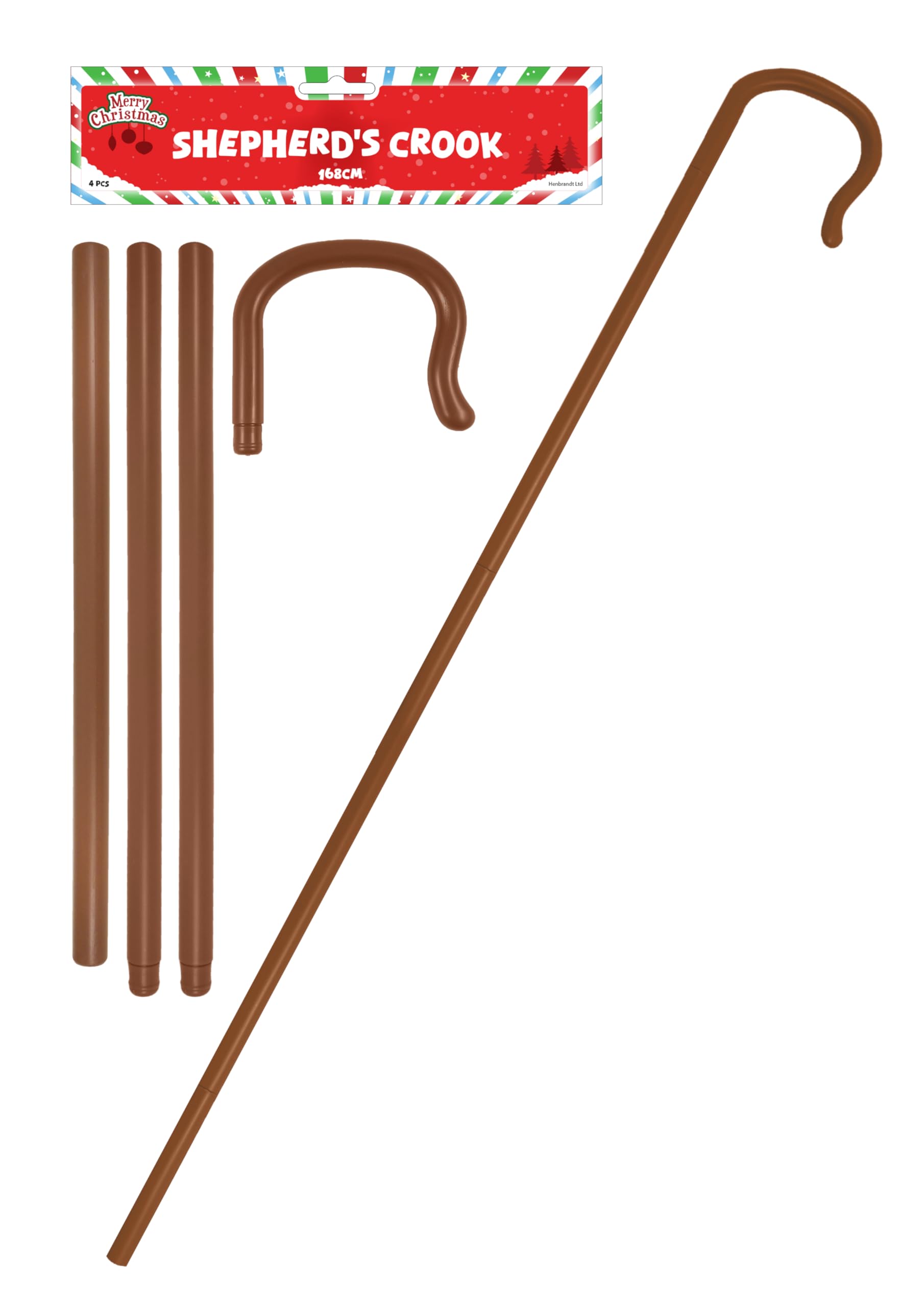 Henbrandt Single Shepherd’s Crook 4-Piece Accessory 168cm | 5.5ft Xmas Joseph Nativity Play Costume Crook Extendable Staff Shepherdess Cane Innkeeper Unisex Fancy Dress Accessories for Men and Women