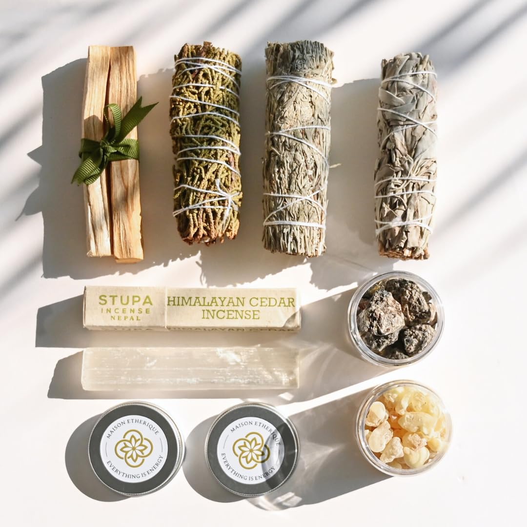 Energy Cleansing Kit - White Sage, Juniper, Blue Sage, Frankincense, Copal, Palo Santo, Selenite Wand, Himalayan Cedar Incense Sticks - For Purifying, Healing, and Spiritual Wellness