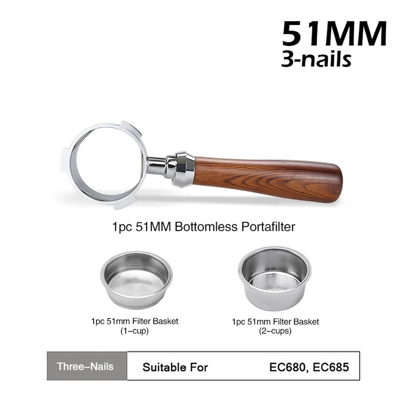 Portafiltro Sin Fondo For Café, Compatible Con Delonghi, Dedica Ec680 Ec685, Mango De Madera Maciza, Herramientas For Cesta De Filtro De Repuesto De 51MM, Adaptación Precisa