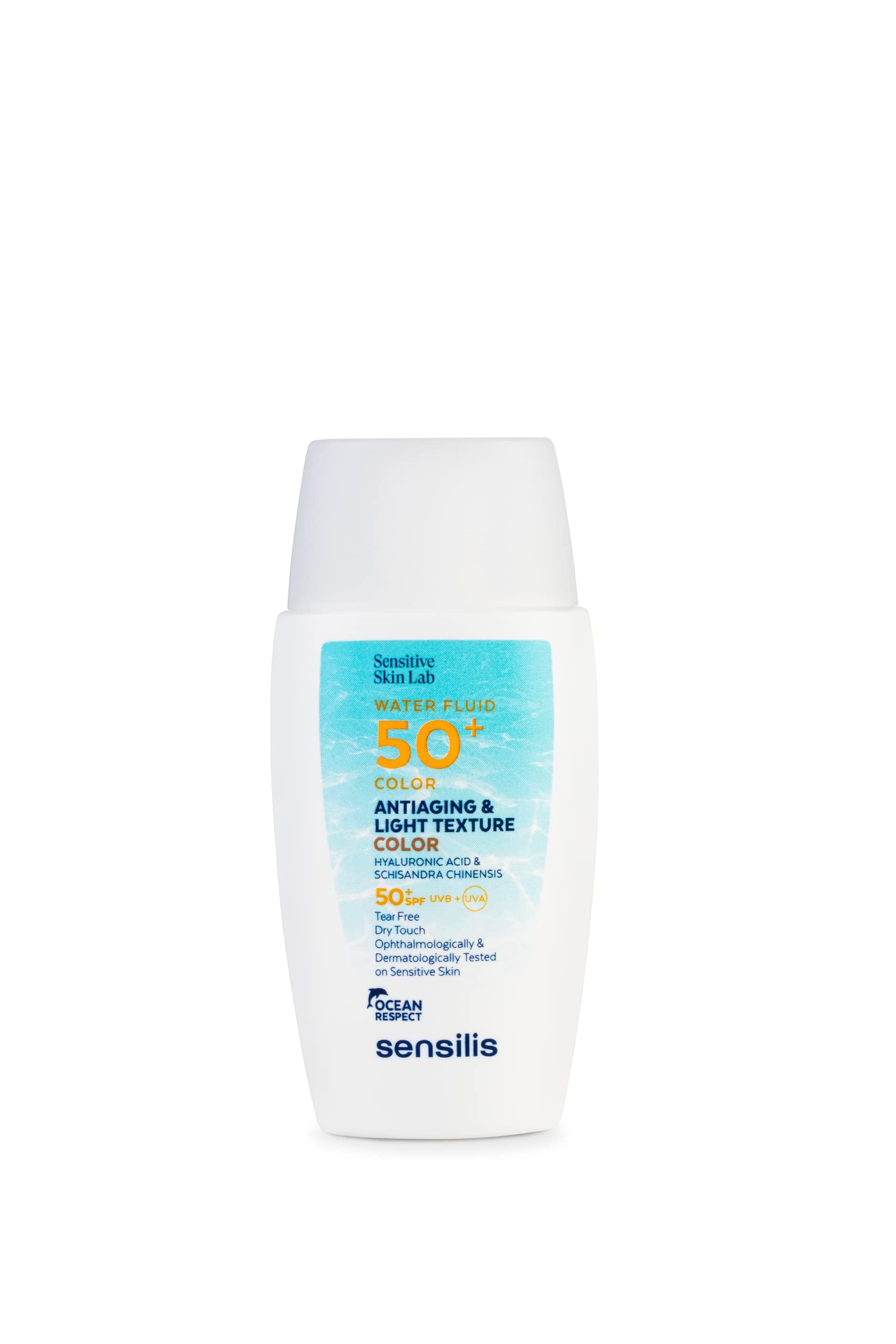 Sensilis - Water Fluid 50+ Color, Fotoprotector Antiedad Facial con Ácido Hialurónico y Vitamina E, Ultra-Fluido con Color Acuoso y SPF 50+, para Pieles Sensibles - 40 ml