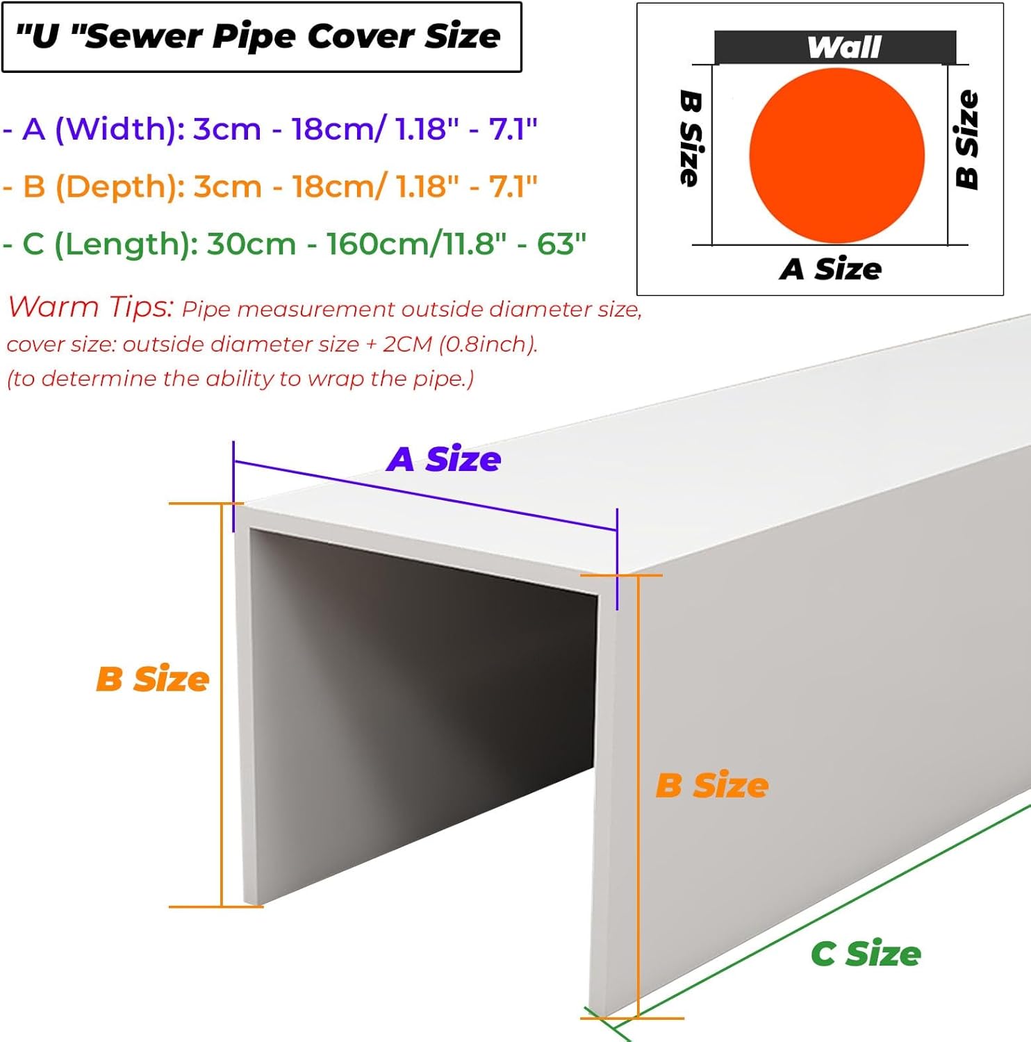 Bathroom Pipe Cover U Shape, 30 40 70 100 130 160 CM Pipework Enclosure Weatherproofing Tube Covering For Ducting Venting Pipes, Kitchen Gas Lines Cords Hider For Outside Inside(L W D 40x15x15cm/15.7x
