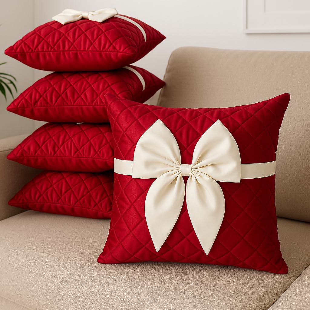 LOFEY Satin Cushion Covers Set of 5 | 16 inch x 16 inch (40x40 cm) Bow Decorative Sofa & Bed Pillow Covers for Living Room & Bedroom Decor (Without Filler) (Maroon)-image-12