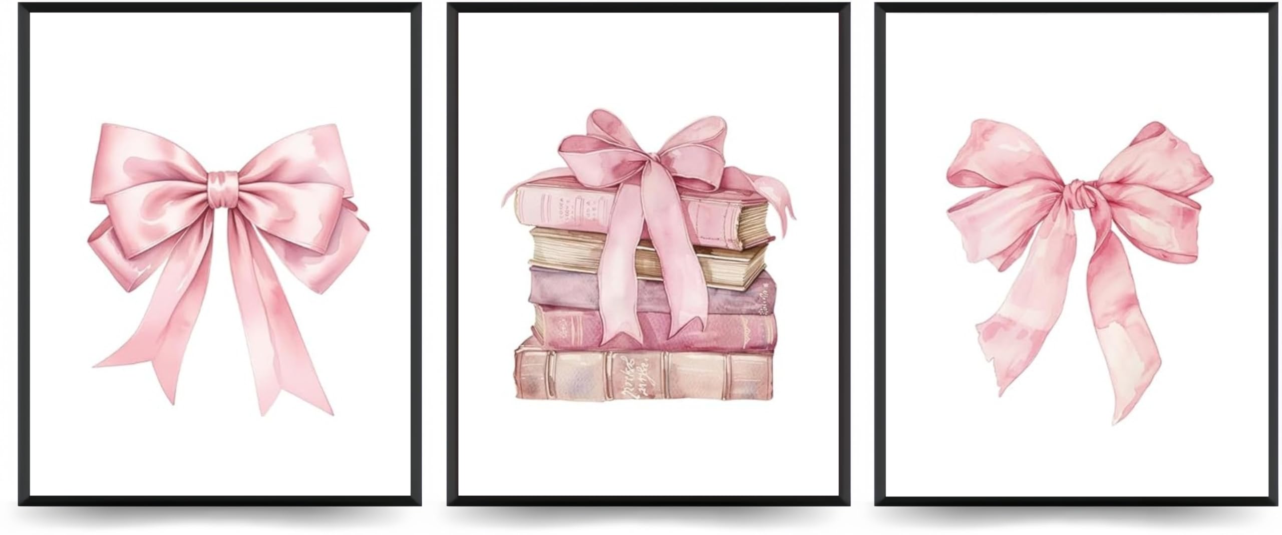 Linilioart Pink Bow Coquette Wall Art Prints Set Of 3 Books Wall Preppy Canvas Wall Decor Trendy Pastel Girly For Bedroom Dorm, Unframed (30X40cm)