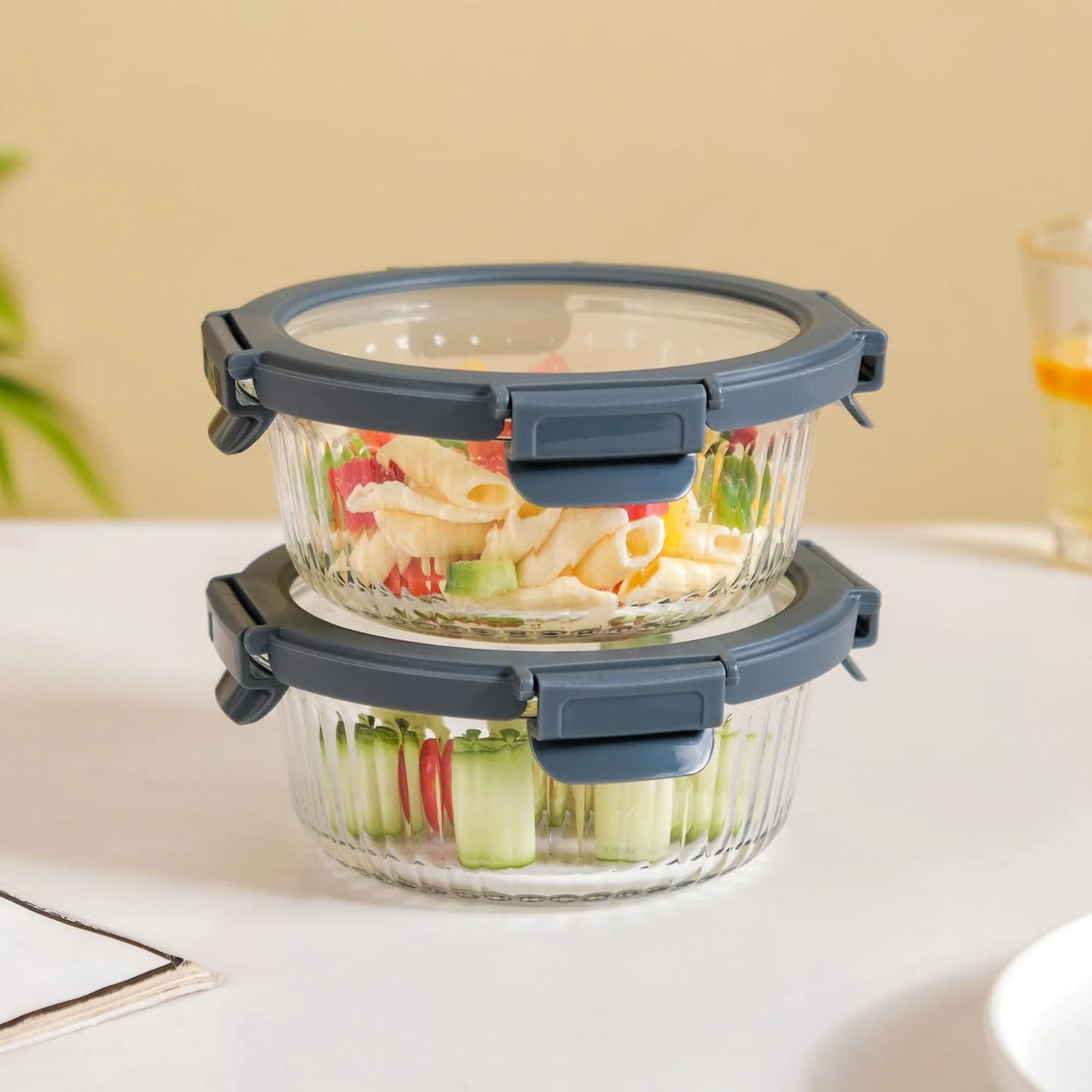 Nestasia Glass Tiffin Box Set of 2 (620ml Each), Borosilicate Airtight and Leak-Proof, Transparent Food Containers for Office, Microwave and Freezer Safe with Safety Lock