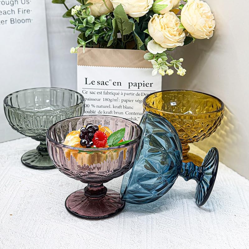 Vintage Glass Dessert Bowls Set of 6-12 Oz, Green Embossed Glass Ice Cream Bowls for coconut peach ice cream Fruit Pudding Trifle Parfait(12 Oz, rhombic) - Image 3