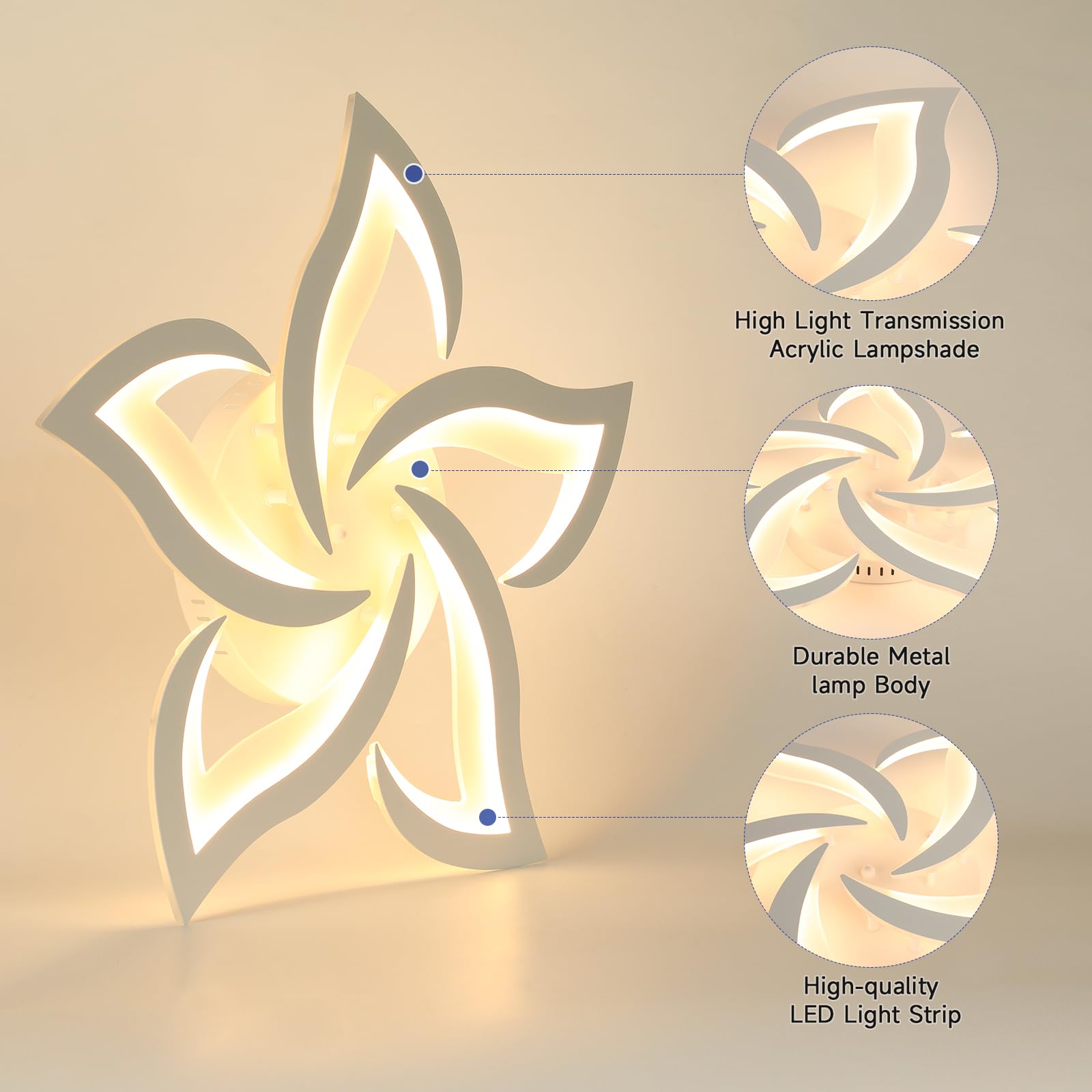 EASY EAGLE Lampadario Camera da Letto 60 cm, 48W Plafoniera LED Soffitto Dimmerabile con Telecomando 3000K–6500K, Moderno Plafoniera da Soffitto per Soggiorno, Bianco
