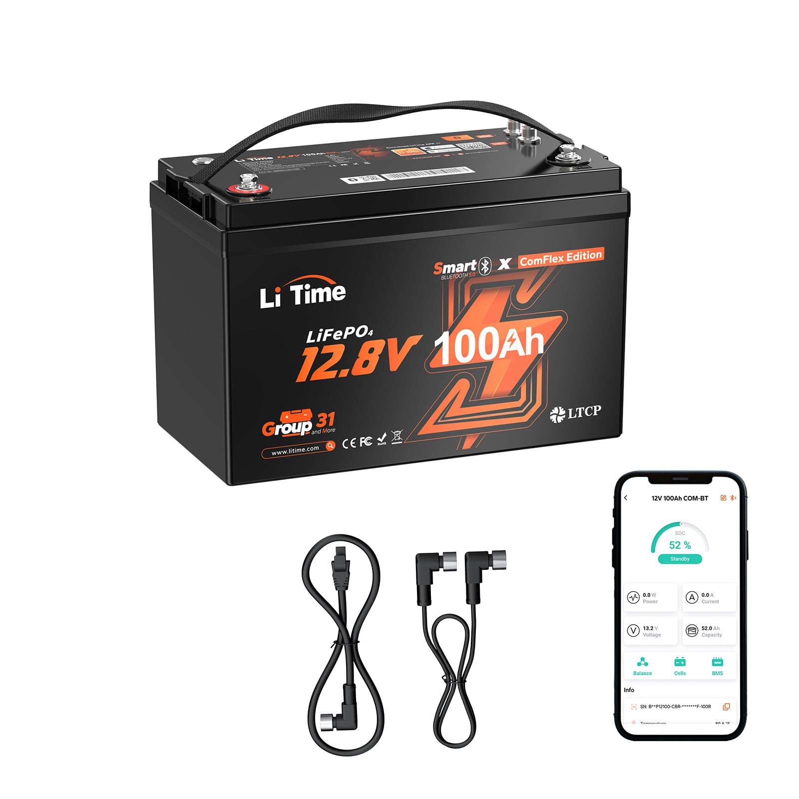 LiTime Batteria Litio 12V 100Ah LiFePO4 CAN/RS485 per Accumulo Fotovoltaico | Bluetooth, BMS 100A, Max 15000 Cicli, Energia 1280Wh, IP65, Protezione Basse Temperature, Max 4P4S, per Camper, Yacht, Barche