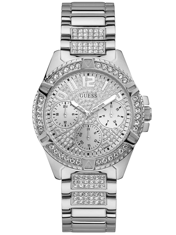 Guess Damen Armbanduhr Ladies Sport mit silberfarbenem Edelstahlarmband, 5 Bar, Gehäusedurchmesser: 40 mm, W1156L1