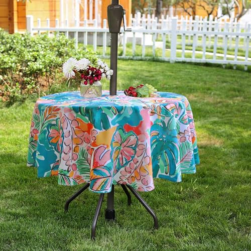 Image of EHouseHome Outdoor and Indoor 60inch Round Tablecloth with Umbrella Hole and Zipper, Waterproof Zippered Patio Cloths, Spring /Summer Table Covers for Backyard Circular Table /BBQs /Picnic