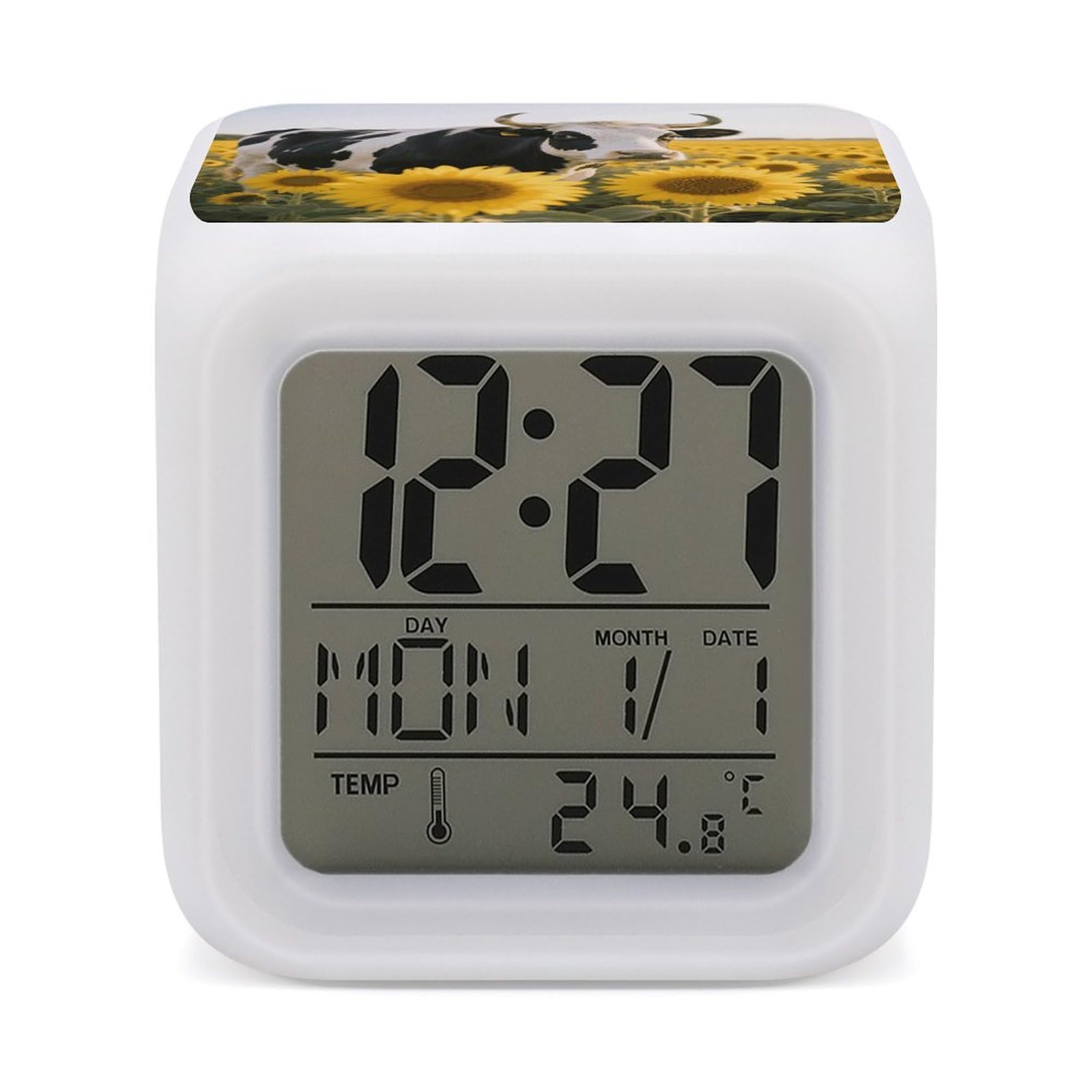 VstaDank Cow Sunflowers Alarm Clock with Date Temperature Large LED Display Number Clocks with 7 Colors Changing Desk Clock Battery Operated Digital Clocks with Date for Heavy Sleepers