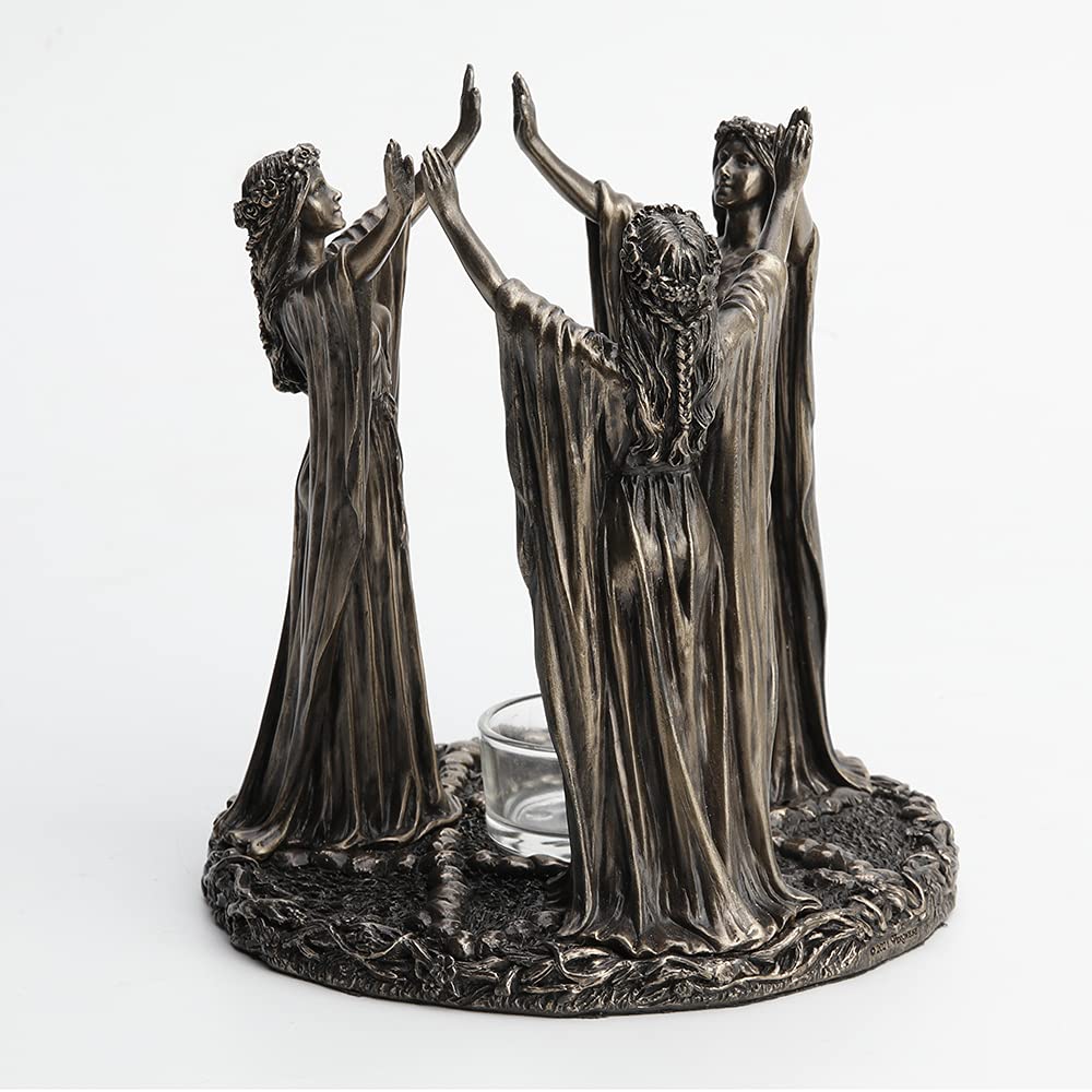 Veronese Design 6 3/4 Pollice Alto Tripla Luna Dea Maidens Rituale Candela Tealight Titolare Freddo Cast Bronzato Resina Scultura Wiccan Alter Figurine Home Decor New Age Religioso Da Collezione