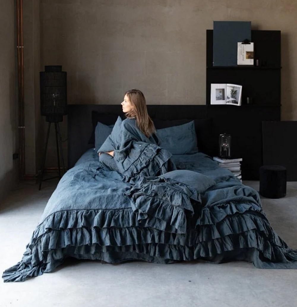 Cotton Duvet Cover Dusty Blue Rustic Style Ruffle Duvet Cover with Triple Ruffles on Three Sides (Queen (U.S. Standard))