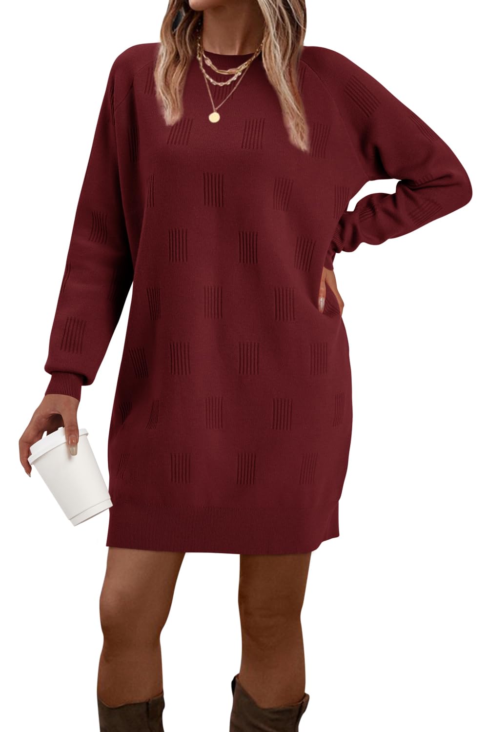 Arach Cloz Womens Fall Fashion 2024 Sweater Dress Oversized Crew Neck Long Sleeve Knit Pullover Winter Clothes