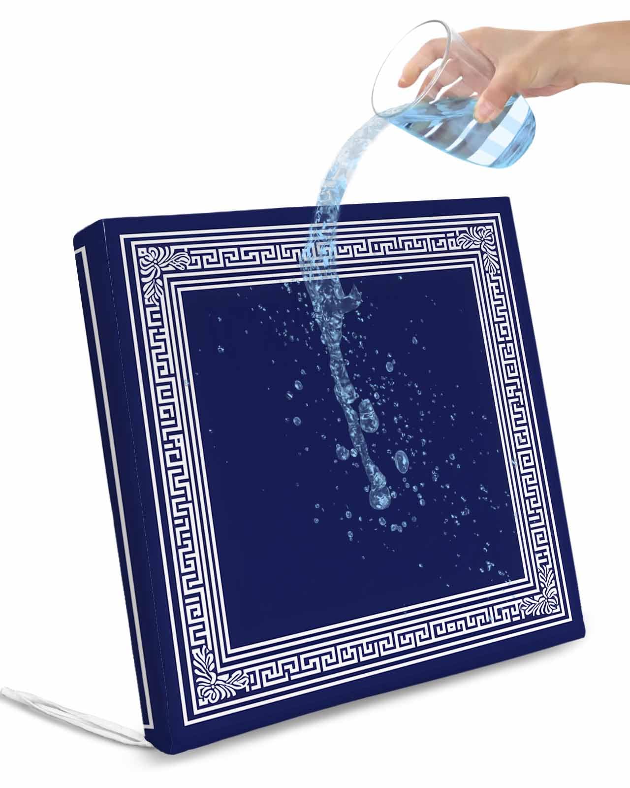 2 Pack Navy Blue Geometric Waterproof Cushion Covers with Ties, Outdoor Patio Chaise Lounge Chair Seat Cushion Slip Covers Replacement(Only Cover) White Greek Key Farmhouse 22