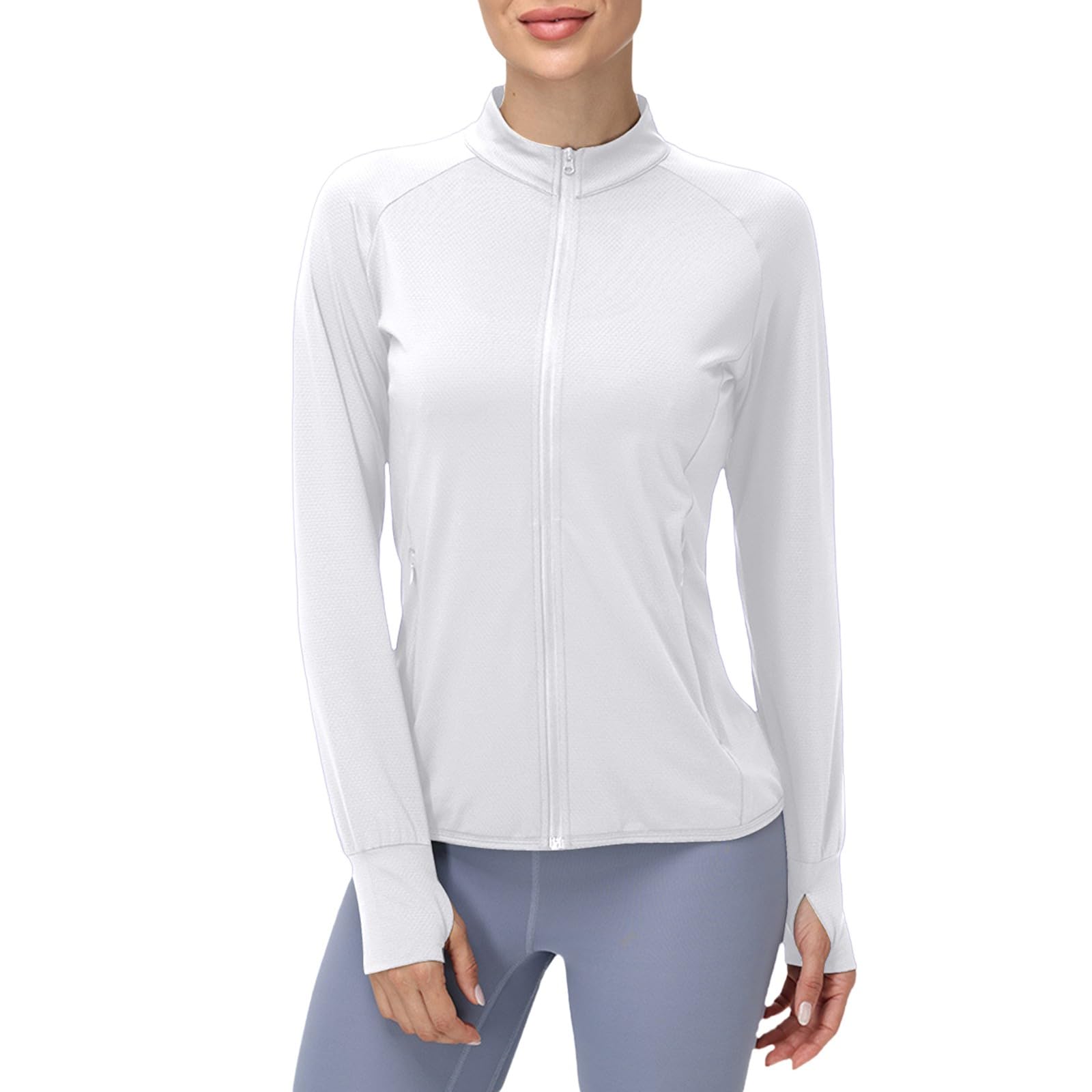 Giacca di protezione solare da donna con zip integrale UPF 50+ camicia di protezione solare UV abbigliamento leggero a maniche lunghe con fori per i pollici
