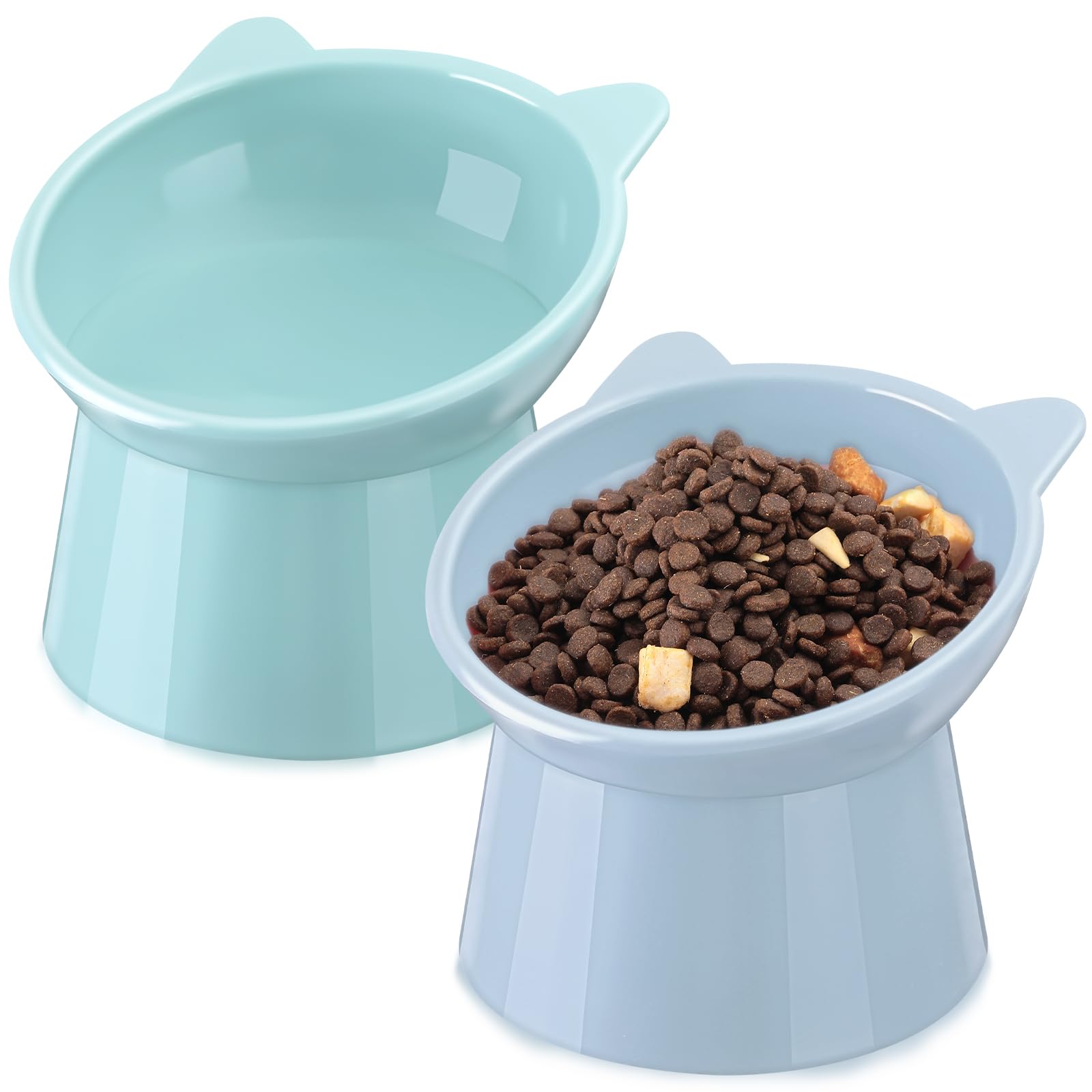2 Pieces Plastic Raised Cat Bowl Tilted 15 Degrees Elevated Cat Food and Water Bowls Set Anti Vomit Dog Kitten Food Dishes Pet Feeder for Cats and Small Dogs (Green, Blue)