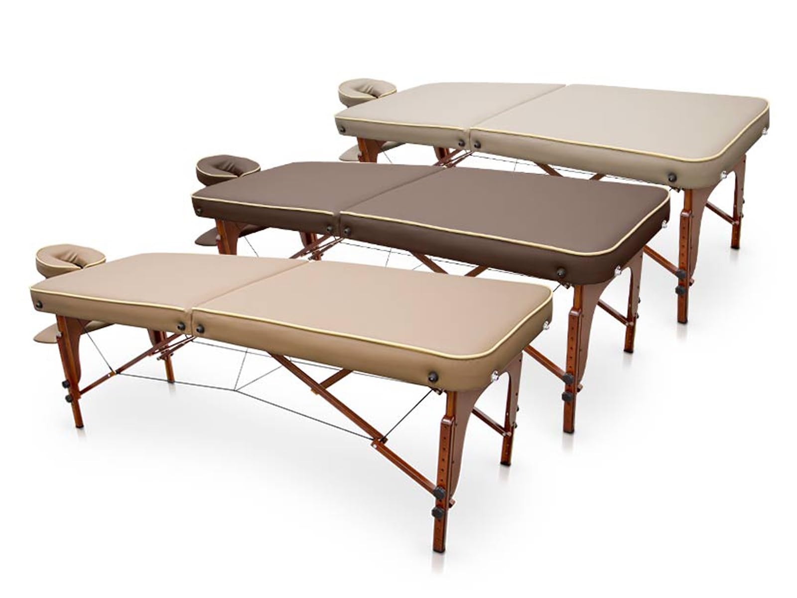 QUIRUMED Camilla de Masaje para SPA, Portátil, de Madera, Color Arena, Madera Barnizada, Polipiel, Relleno de Alta Densidad, Altura Regulable, Plegable, Cabezal Desmontable, hasta 210 kg