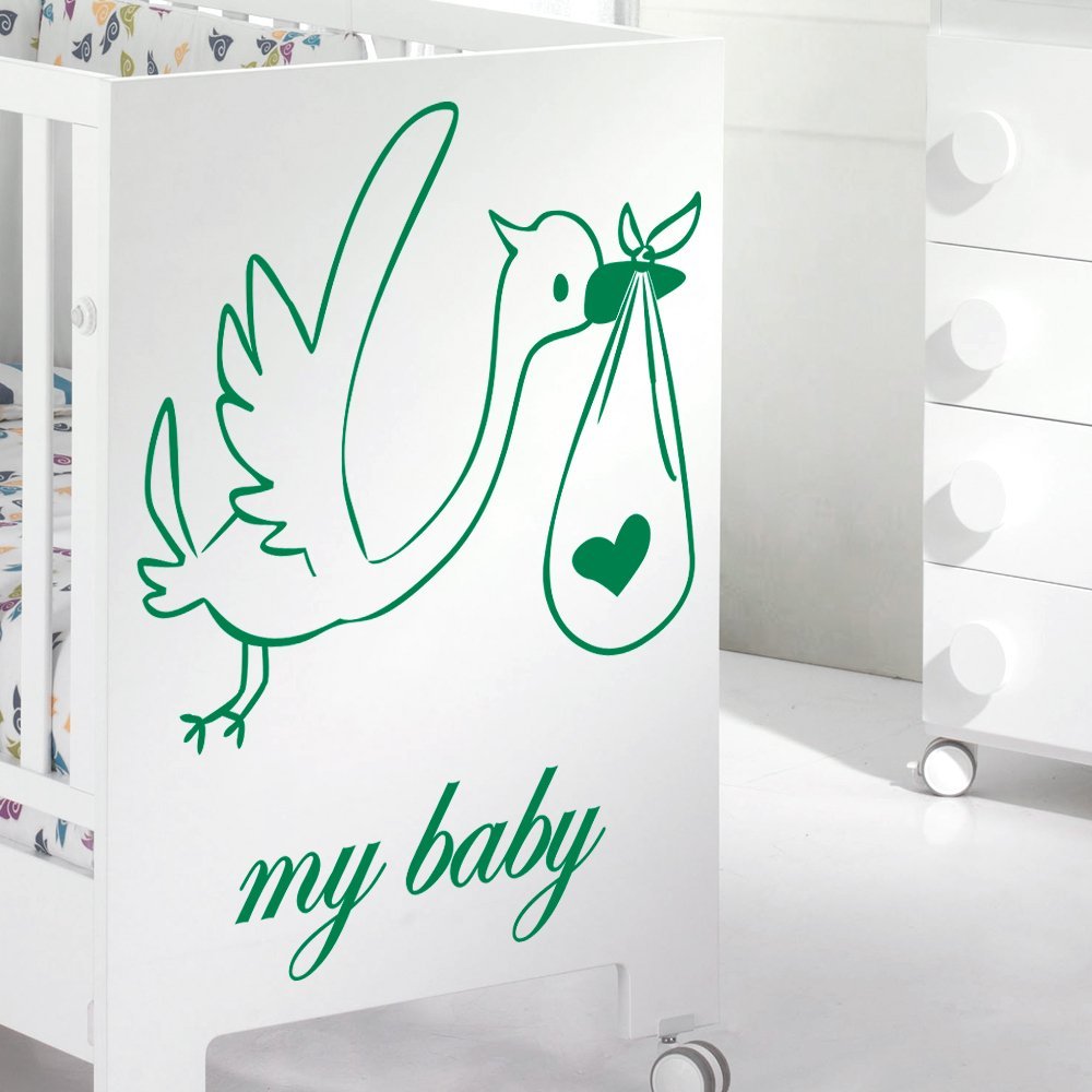 Sticker enfant cigogne célébrant la naissance, décor vert 70 cm