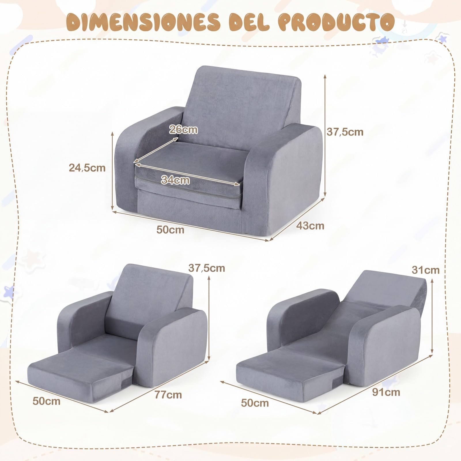 COSTWAY 3 en 1 Sofá Plegable para Niños, Sofá Cama Convertible con Terciopelo Cristal Ultra Suave y Funda Elástica, Desmontable y Lavable a Máquina, Sillón para Niños para Sala de Juegos y Guardería