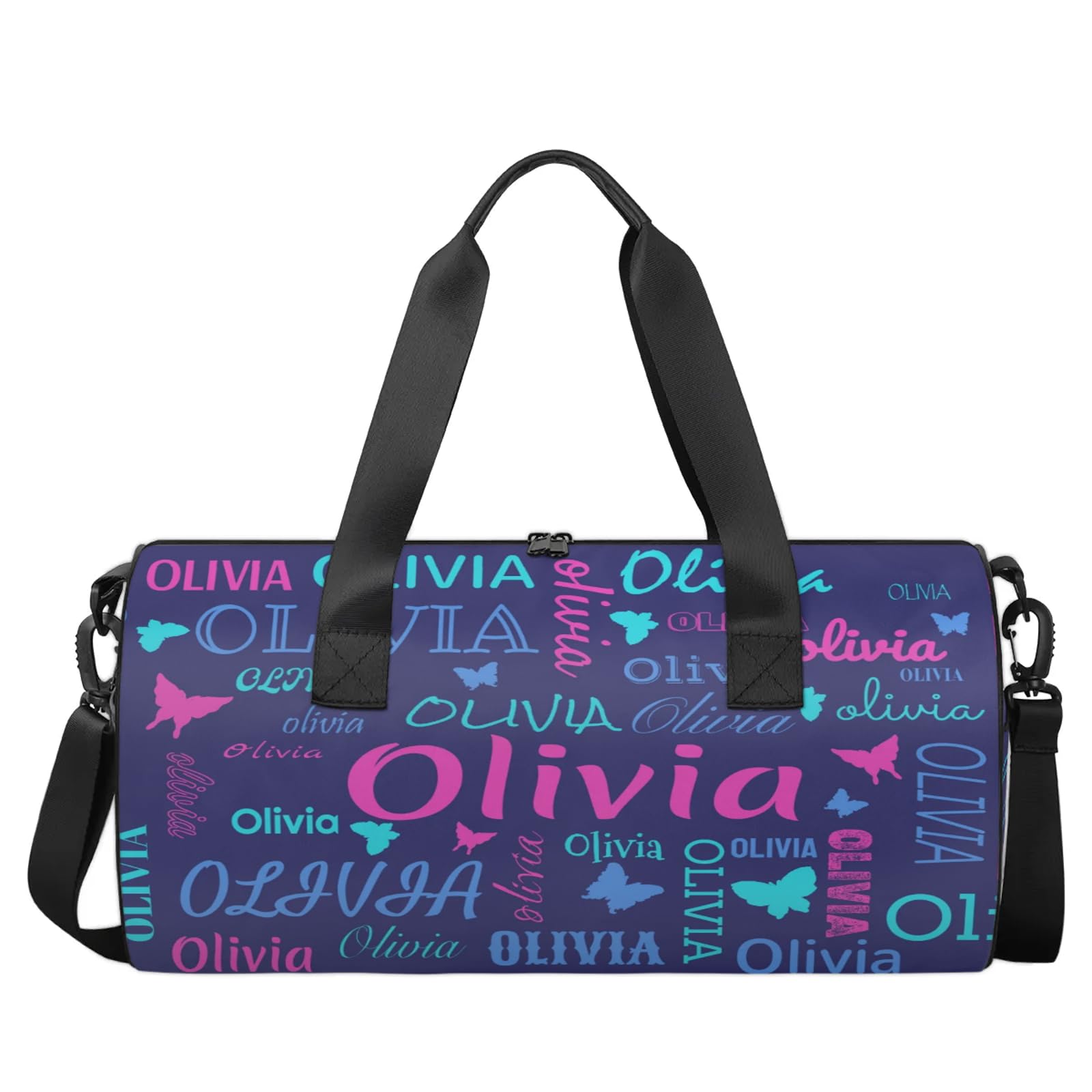 Skonsati Personalized Butterfly Duffel Bag with Name Round Custom Travel Sports Bag for Women Men Waterproof Dance Ballet Bag Lightweight 17.6in, Dark