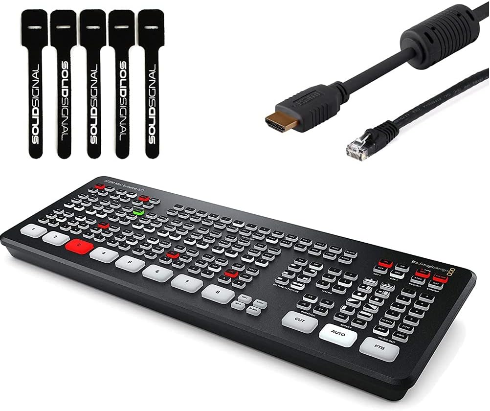 Blackmagic Design ATEM Mini Extreme HDMI ISO Live Stream Switcher Bundle mit 1,8 m HDMI-Kabel, 1,8 m Cat5e-Kabel und 5 Stück soliden Signalkabelbindern (SWATEMMINICEXTISO)