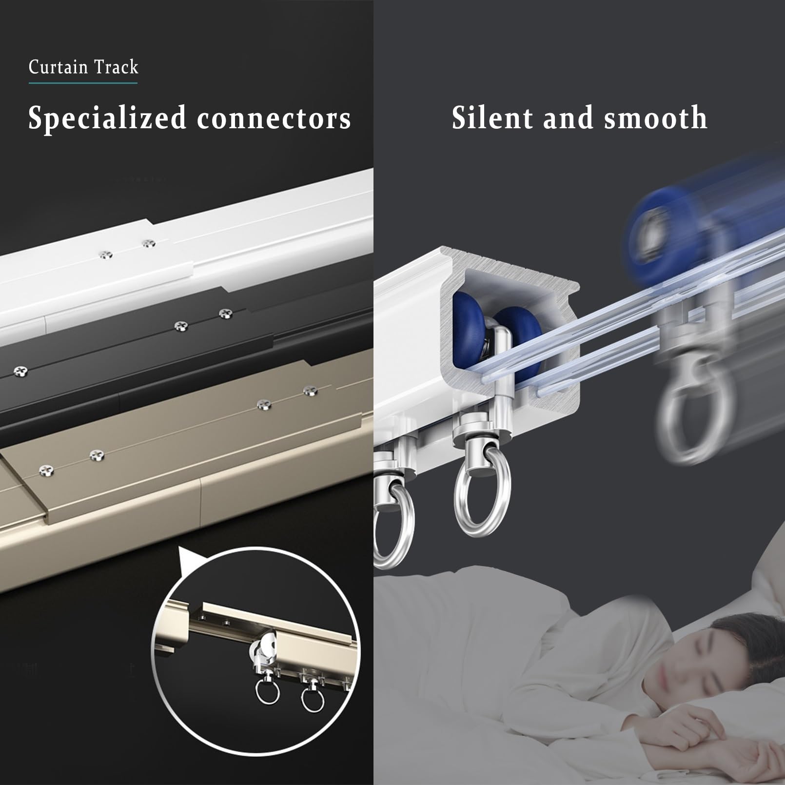 Rail de Rideau en Aluminium, Système de Rail de Rideaux Coulissant Multi-usages, Avec Bande Silencieuse et Rouleaux Coulissants for Les, Grand Rail Carré Ultra-robuste, Rail de Rideaux Plafond(Champag