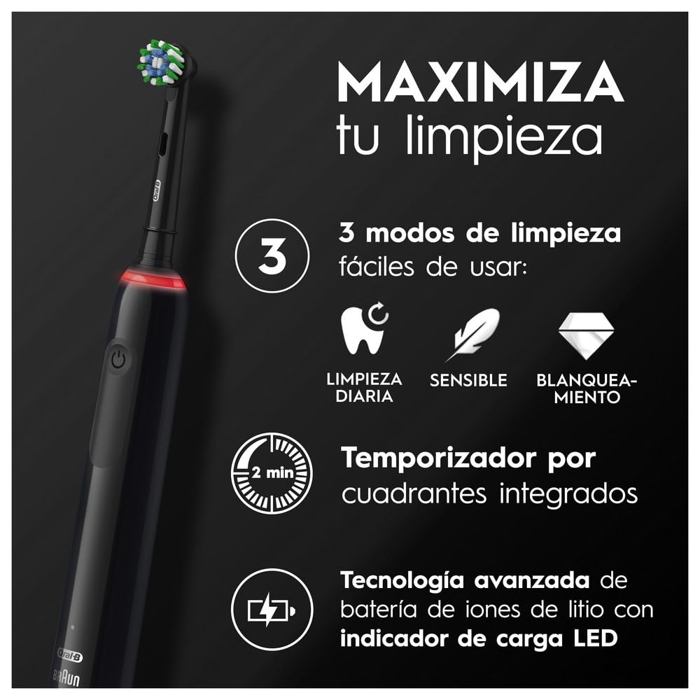 Oral-B Pro 3 3000 Cepillo de Dientes Eléctrico con Mango Recargable y 2 Cabezales, Diseñado Por Braun - Blanco y Negro