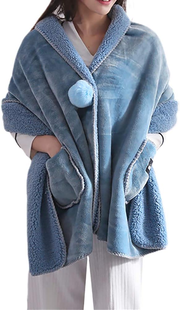 Cozy Fleece Wrap Shawl with Large Front Pockets - Keeps Hands and Shoulders Warm Wearable Blanket Throw Flannel Sherpa Cape